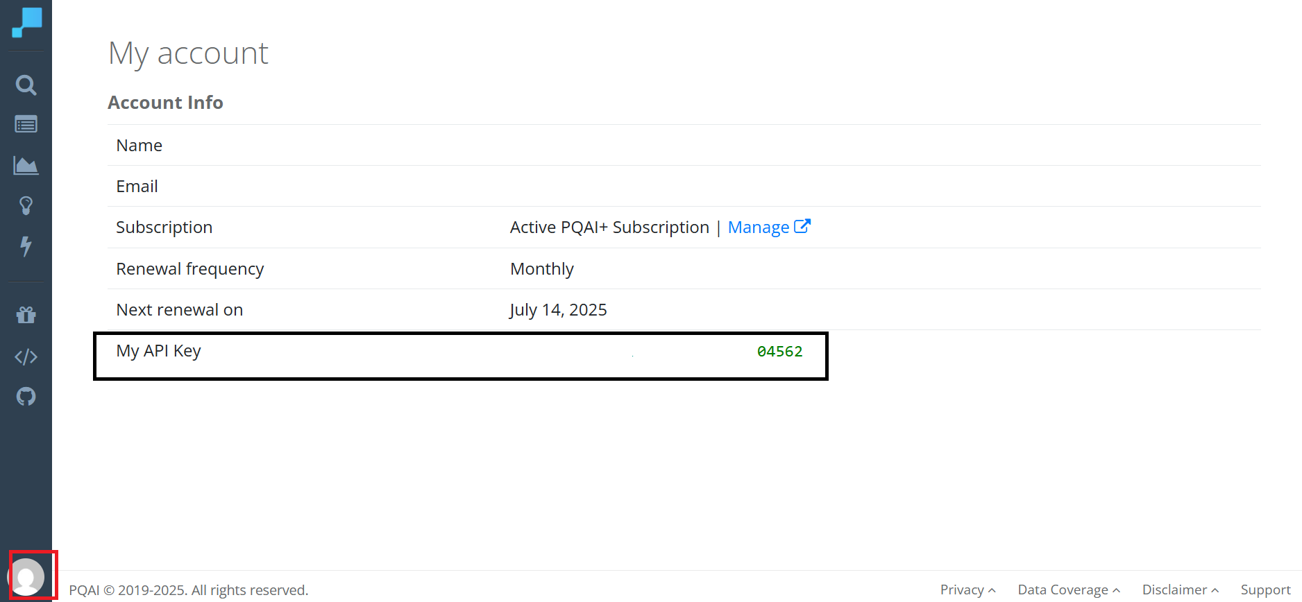 Where can I find my API Key after subscribing? - PQAI