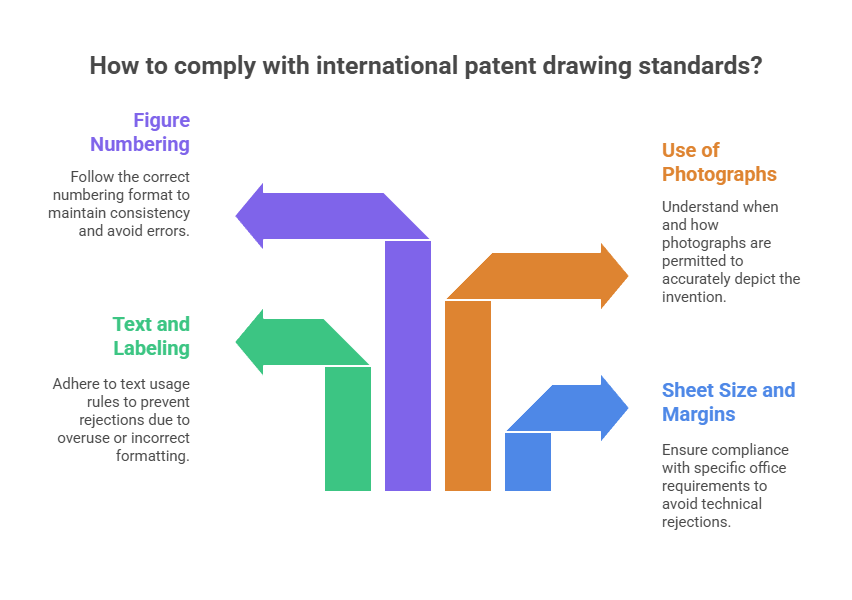 How to comply with international drawing standards to avoid patent drawing rejections?