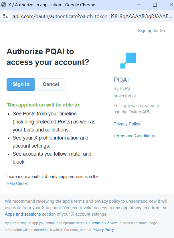 Sign in with PQAI by twitter
