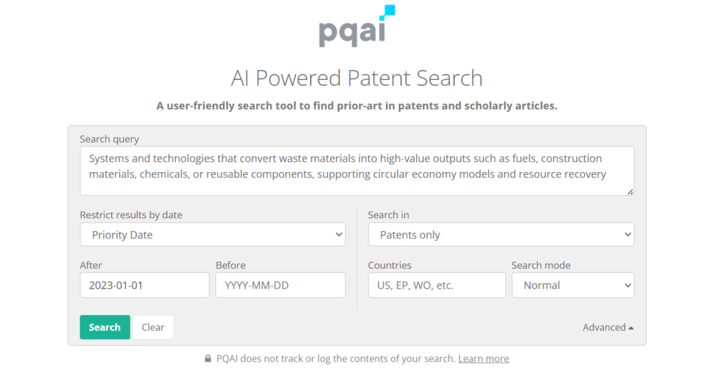 PQAI search interface with waste recycling query