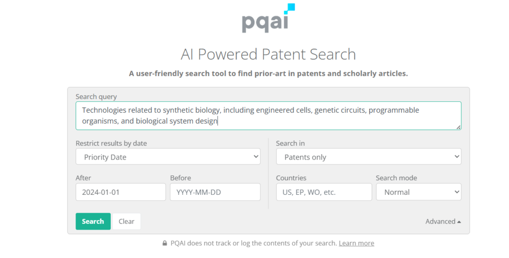 One of the search queries on PQAI for surfacing synthetic biology patents