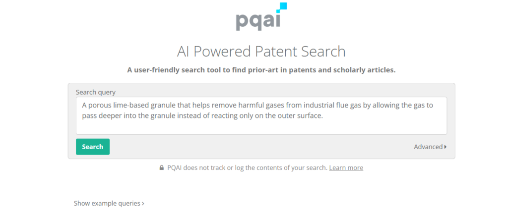 PQAI serach interface with query on Porous lime based material to remove gas fumes