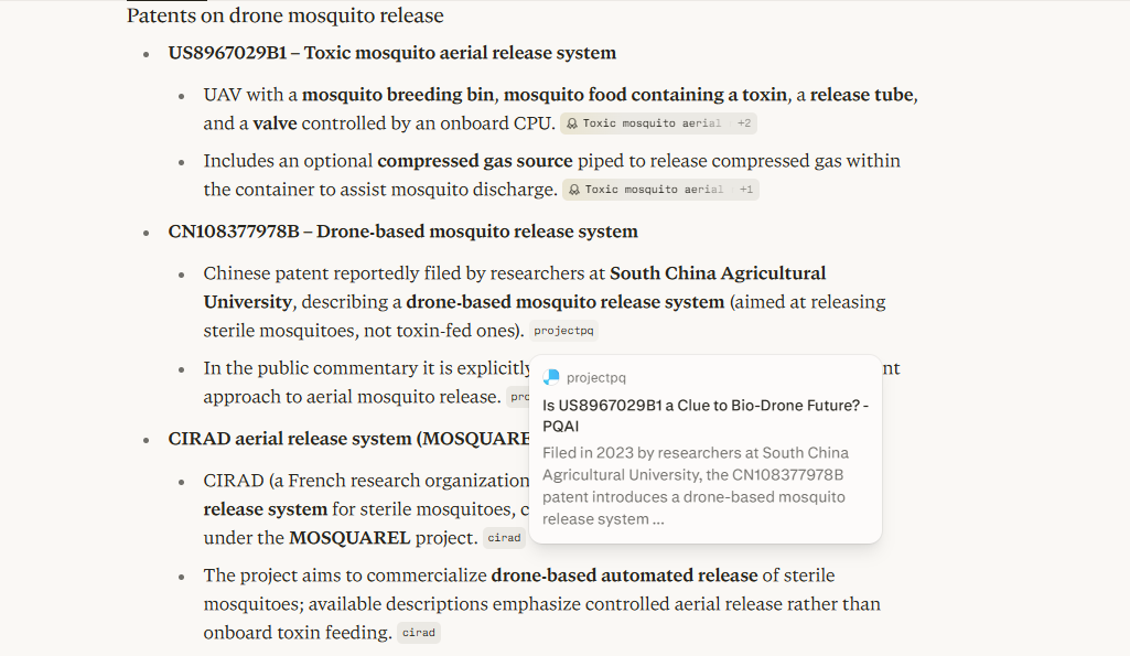 Perplexity results for query where PQAI's article is referenced as source