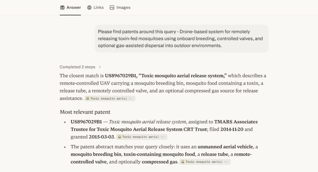 Perplexity results for query on toxin-fed mosquito release